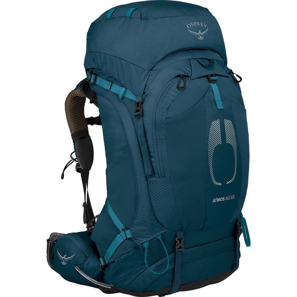 imageOsprey Atmos AG 65L Mens Backpacking Backpack Mythical Green SMVenturi Blue