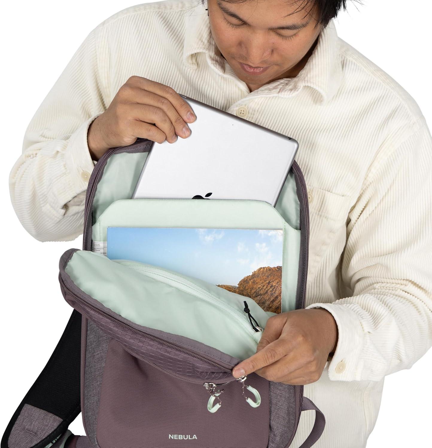 imageOsprey Nebula Shoulder Sling Bag Crossbody Backpack with Laptop Sleeve and Bottle Pocket Graphite Purple HeatherPorcelain Orange Heather