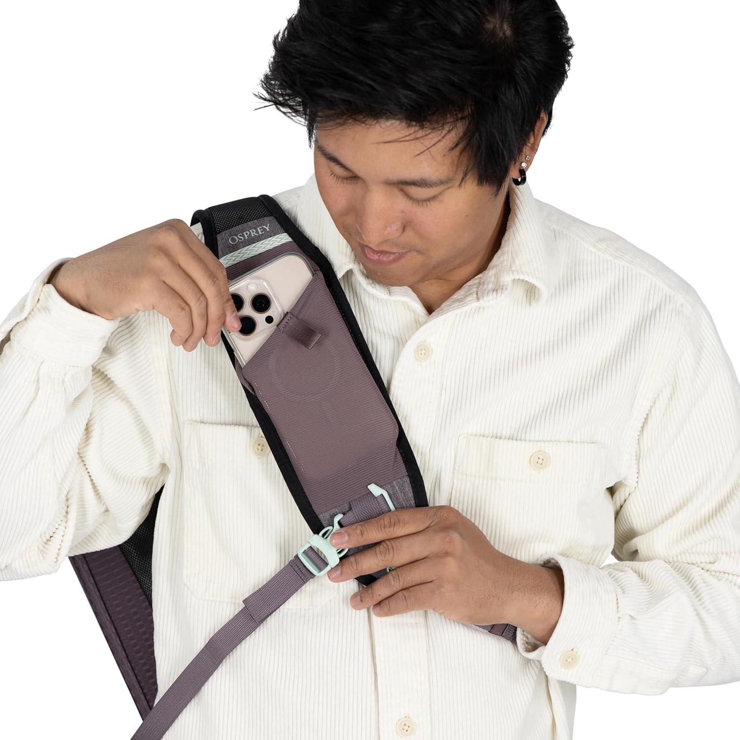 imageOsprey Nebula Shoulder Sling Bag Crossbody Backpack with Laptop Sleeve and Bottle Pocket Graphite Purple HeatherPorcelain Orange Heather