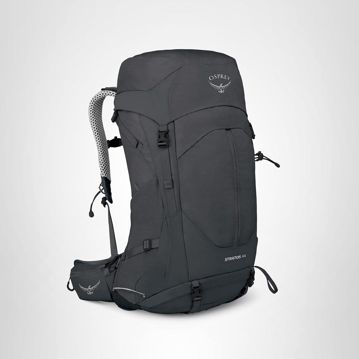 imageOsprey Stratos 44L Mens Hiking Backpack Lightweight Backpacking Pack with Waterproof Raincover Camping Bag Raven BlackTunnel Vision Grey