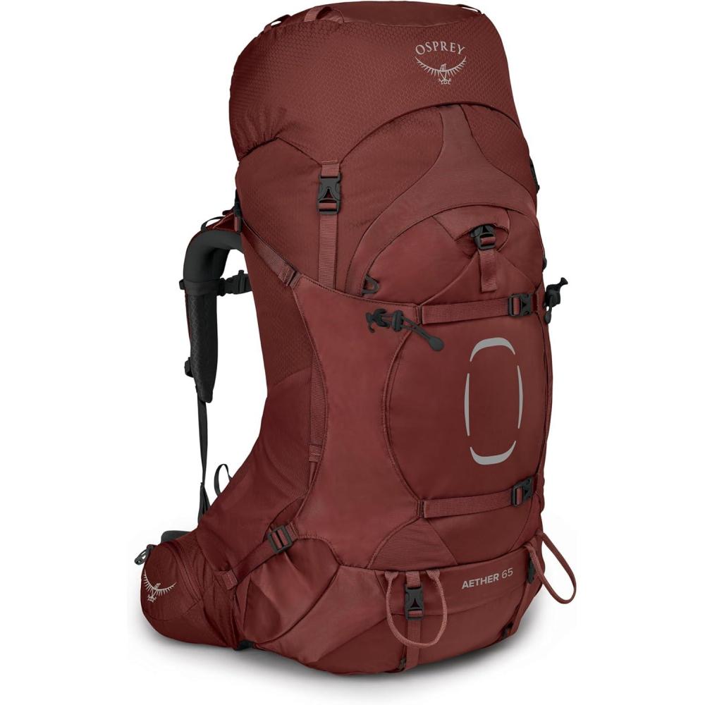 imageOsprey Aether 65L Mens Backpacking Backpack Black SMDeep Acorn Red