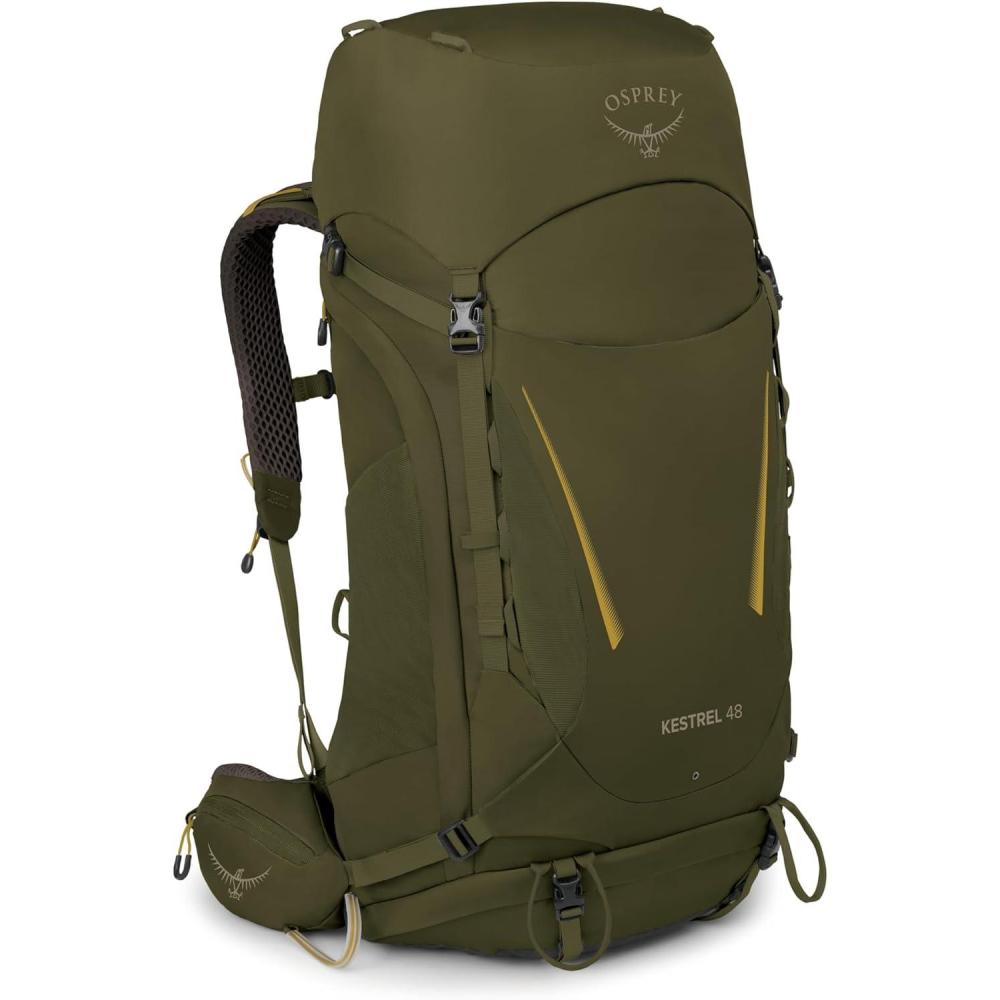 imageOsprey Kestrel 48L Mens Backpacking Backpack  Hiking amp Camping Bag with Waterproof Raincover Olive Tan SmallMediumMoss Green