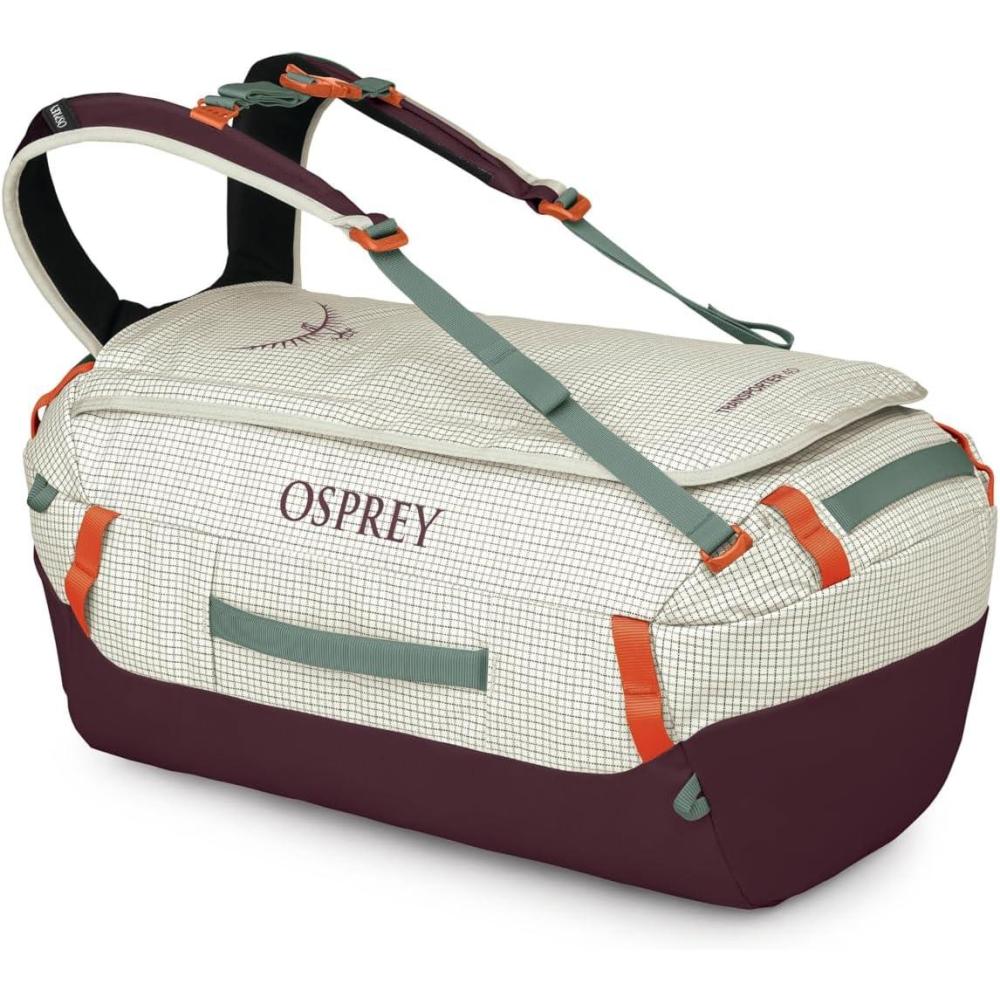 imageOsprey Transporter Lightweight Travel Duffel Bag  Extra Large Water Resistant Durable Gear Bag for Men and WomenMystery Whitemoody Burgundy