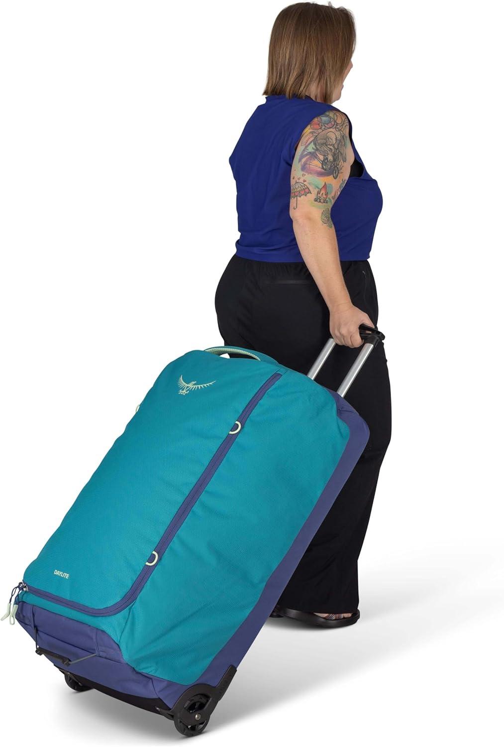 imageOsprey Daylite 85L Wheeled Collapsible Travel Duffel Bag Lightweight Durable Rolling Suitcase BlackBlue SpikemossAlkaline