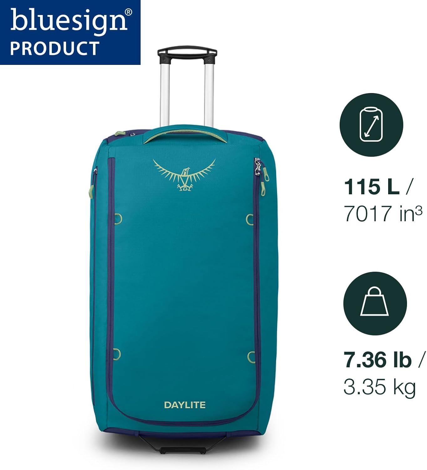 imageOsprey Daylite 85L Wheeled Collapsible Travel Duffel Bag Lightweight Durable Rolling Suitcase BlackBlue SpikemossAlkaline