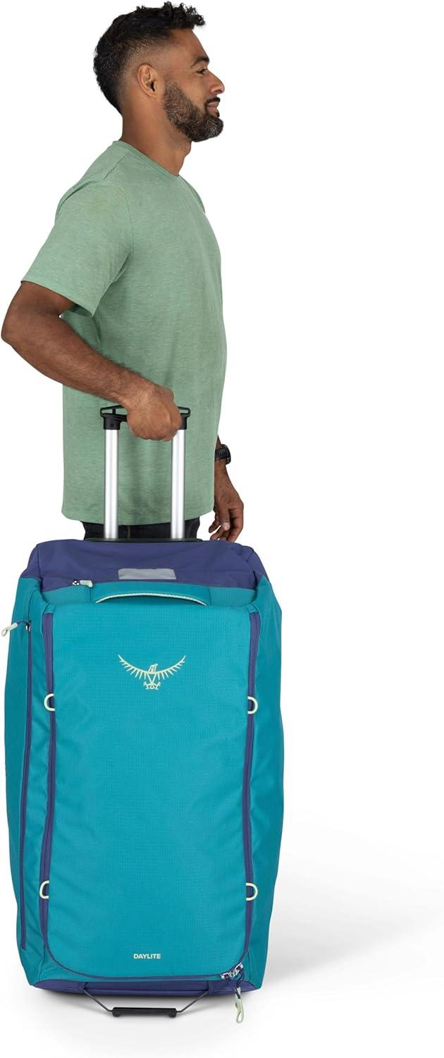 imageOsprey Daylite 85L Wheeled Collapsible Travel Duffel Bag Lightweight Durable Rolling Suitcase BlackBlue SpikemossAlkaline