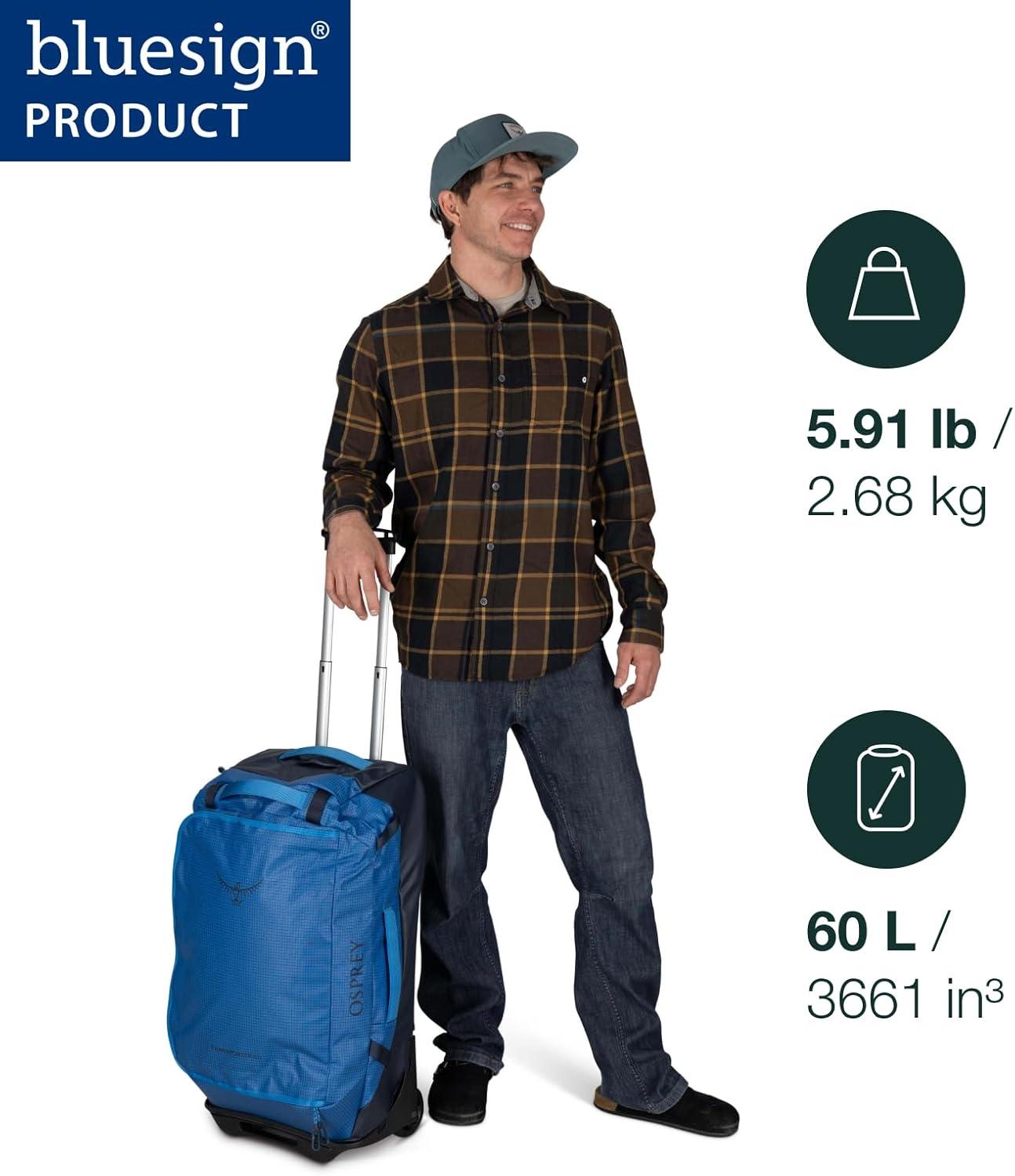 imageOsprey Transporter 60L Wheeled Travel Duffel Bag Lightweight Rolling Suitcase for Men and Women Blue FlameNocturnal BlueRaven Black