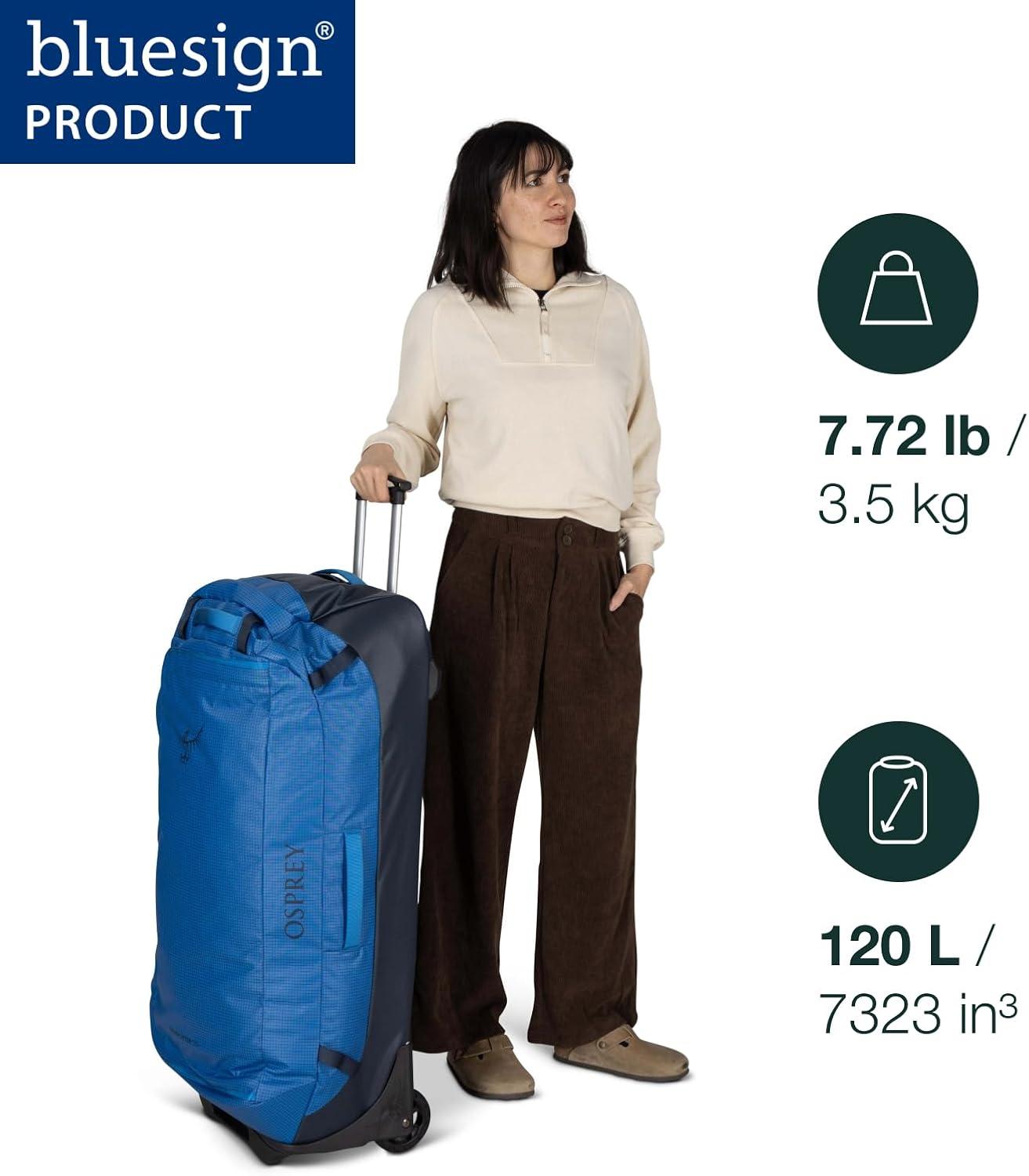 imageOsprey Transporter 60L Wheeled Travel Duffel Bag Lightweight Rolling Suitcase for Men and Women Blue FlameNocturnal BlueRaven Black