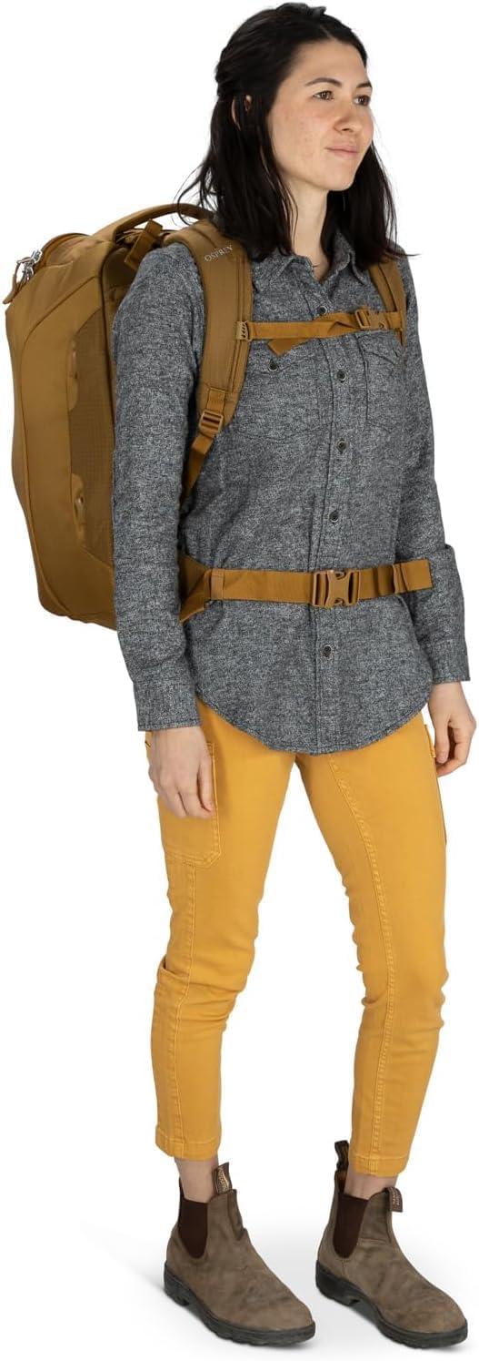 imageOsprey Sojourn Porter 46L Travel Backpack CarryOn Compliant Luggage with StraightJacket Compression and Padded Laptop Sleeve Durable Pack for International or Urban Travel Brindle BrownKoseret Green